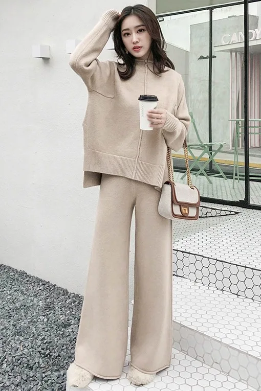 

Knitted Autumn 2 Pieces Sweater Set Women Sweaters Pullover Crop Tops Knitted Skirts loose Sweaters 2 Pieces Sets Winter