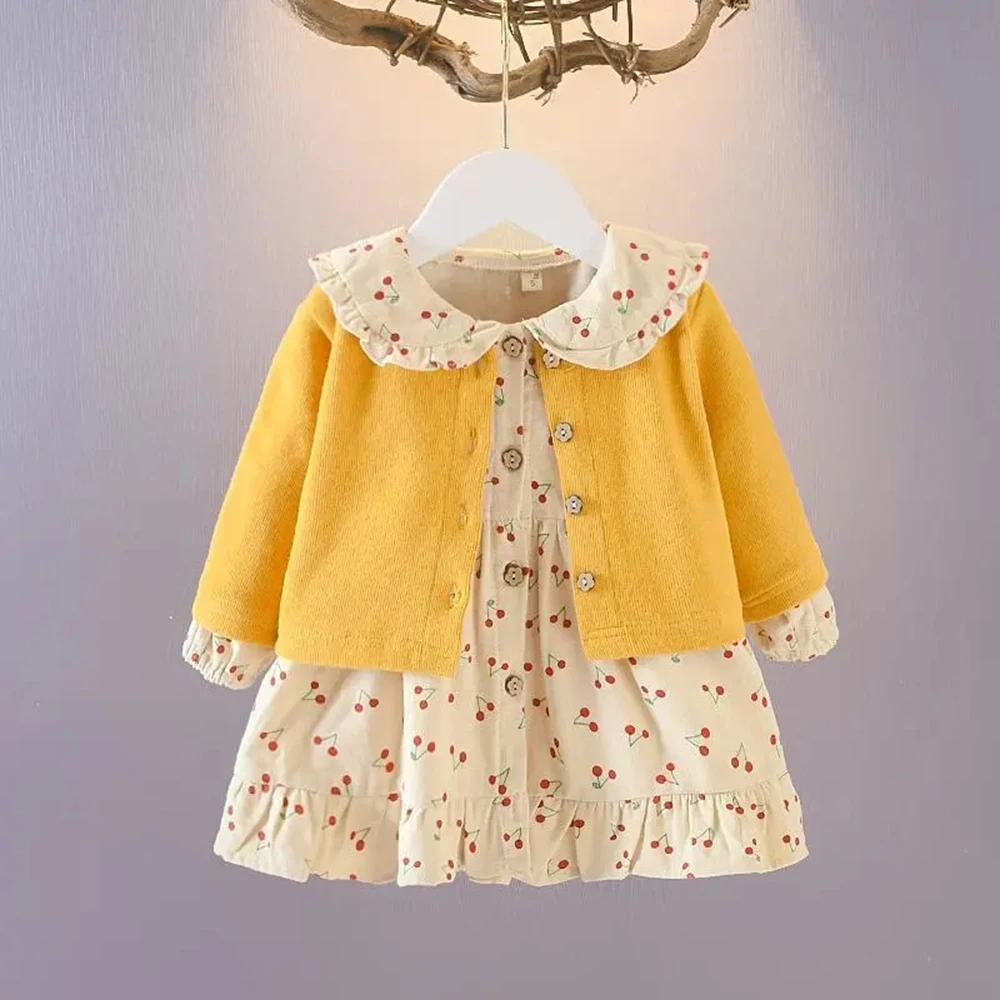Newborn Infant Baby Dresses Girls Kids Spring Floral Cherry Dots Dress Knitted Cardigan Coat Set for Baby Girls Clothes Set 2021