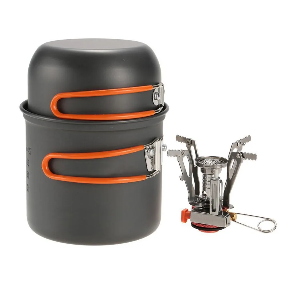 

Набор посуды для кемпинга на открытом воздухе, портативная газовая мини-плита для пикника, кастрюля, Походное оборудование из алюминиевого ...