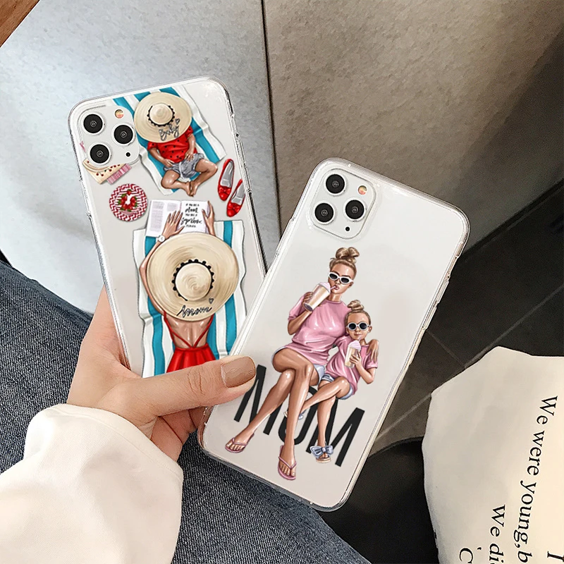 Fashion Black Brown Hair Baby Mom Girl Queen Case For iPhone 11 Pro Max Xs XR 6 6S 7 8 Plus soft silicone Woman Phone Cover | Мобильные