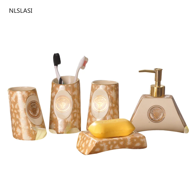 

European Style Ceramic Bathroom Set Home Hotel Toiletries Kit Mouth Cup Soap Dish Toothbrush Holder Lotion Bottle Decorations
