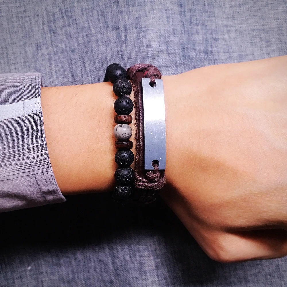 Мужской кожаный браслет из нержавеющей стали браслеты натуральных бусин