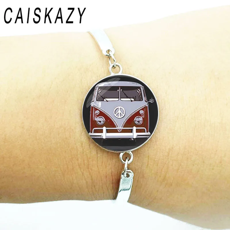 Креативный винтажный Hippie PEACE ЗНАК автобус стеклянный купол браслет из кабошона