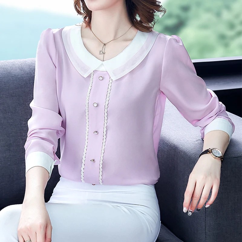 Блузка женская шифоновая с круглым воротником и длинным рукавом 2019 50|Блузки| |