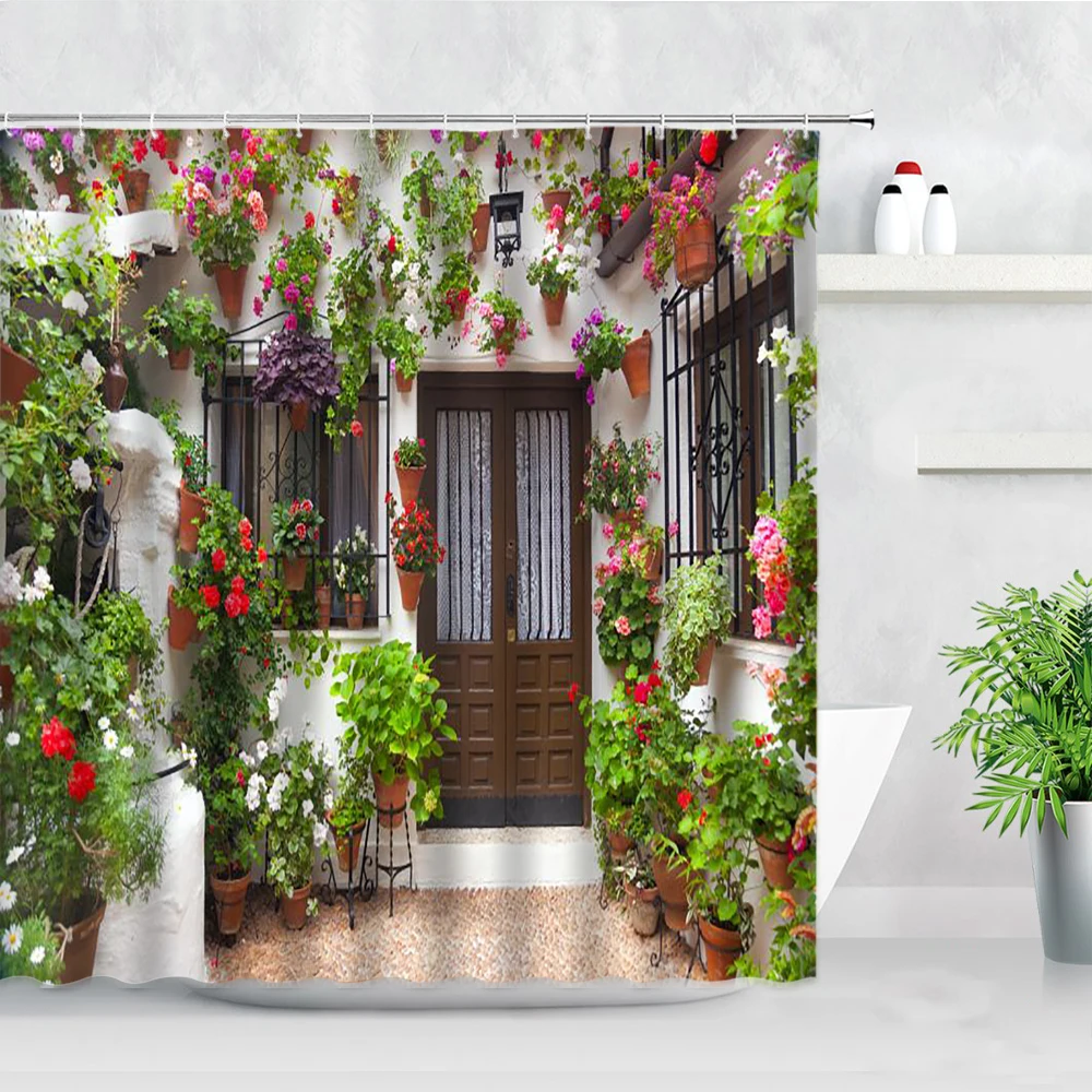 

Европейский садовый пейзаж, занавеска для душа, 3D деревенские цветы, зеленые растения, домашний фон, Настенный декор, тканевая занавеска для...