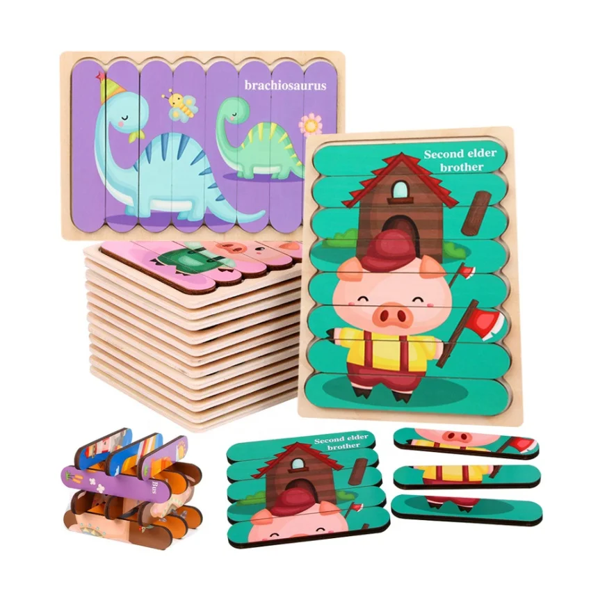 

Kids Animal 3D Wooden Puzzle Montessori Toy Double-sided Strip Puzzle Telling Story Stacking Jigsaw Educational Toy For Children