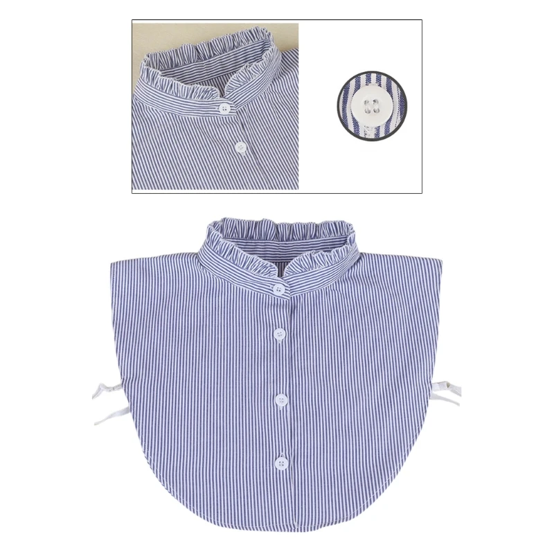 

Women Ruffles Fake Stand Collar Half Shirt Blouse Button Down Striped Dickey Top