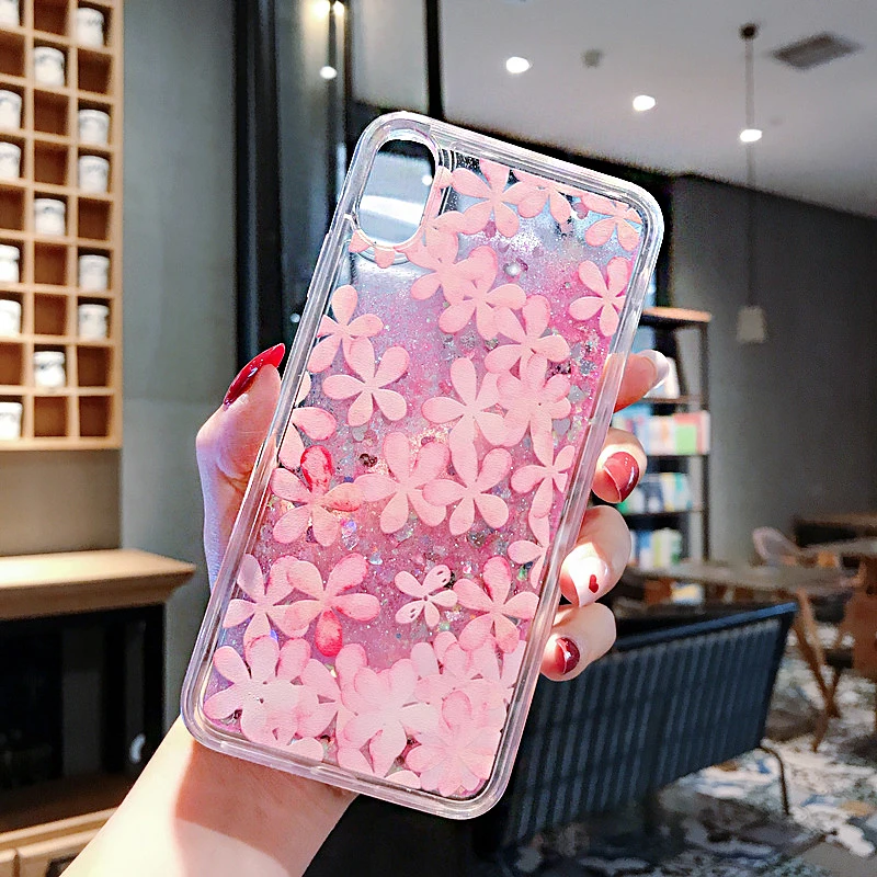 Роскошный блестящий с жидкостью зыбучие пески Цветы Чехол для Apple iPhone XR Max X XS MAX 6 6S