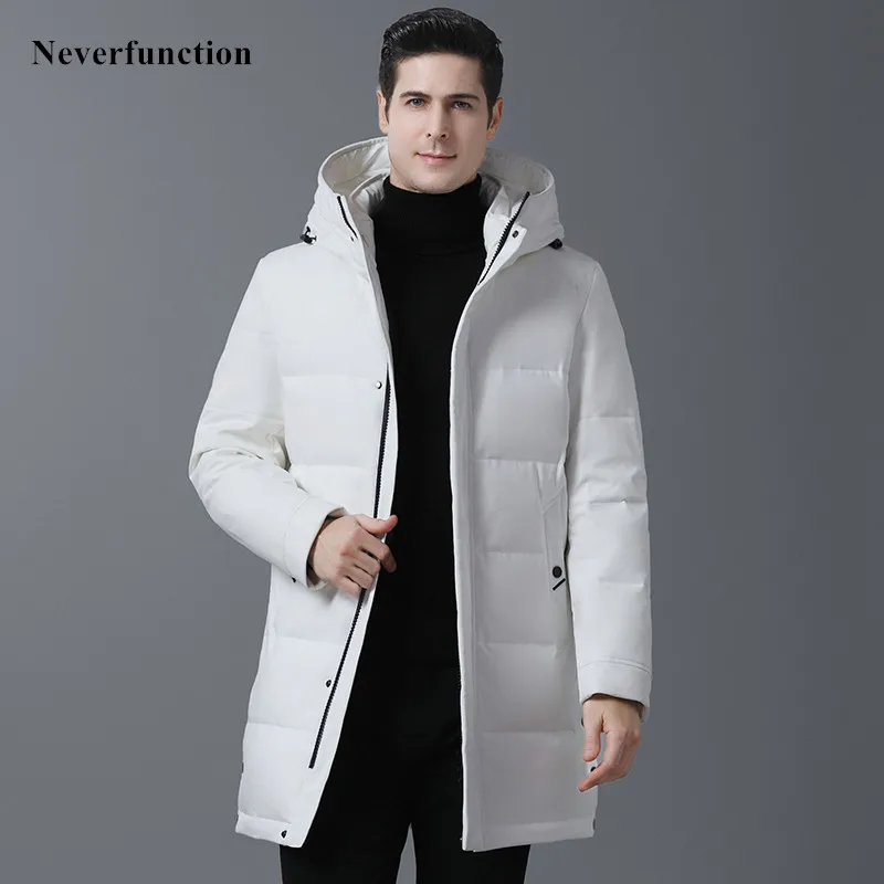 Мужской русский зимний утепленный длинный пуховик с капюшоном