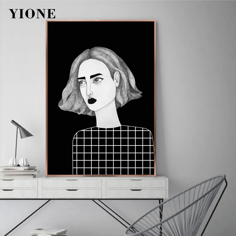 

Nordic Art Anime Woman Poster Custom Black and White Figure Girl Prints Canvas Painting Wall Picture for Living Room Bedroom