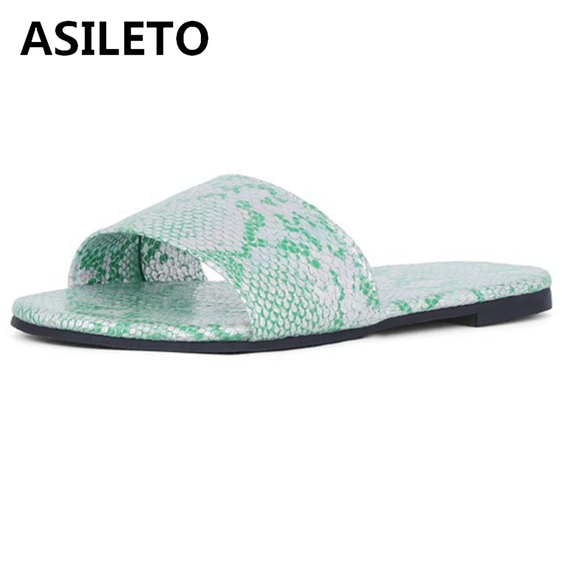 

ASILETO 2021 New Leisure Ladies Slippers Snakeskin Beach Open Toe Slingbacks 1cm Square Heels Big Size 35-43 Black Green A4340