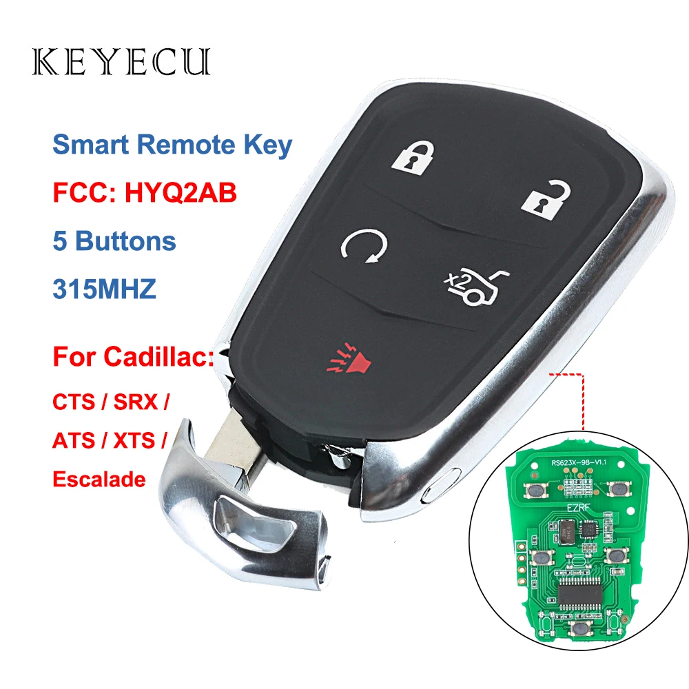 Keyecu HYQ2AB 315MHz akıllı uzaktan araba anahtarı Fob 5 düğme Cadillac ATS CTS SRX XTS Escalade 2014 2015 2016 2017