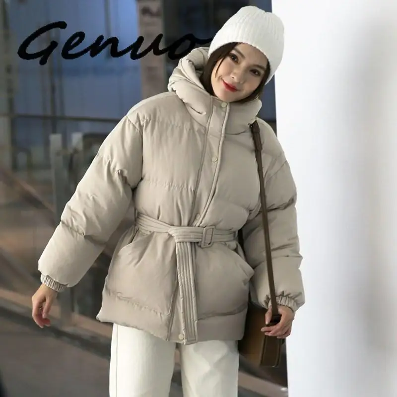 Genuo New 2019 Winter Slim Hooded Duck Down Jacket Coats Sashes Women Fashion Short Design Thickening Warm Bread Snow Outwear