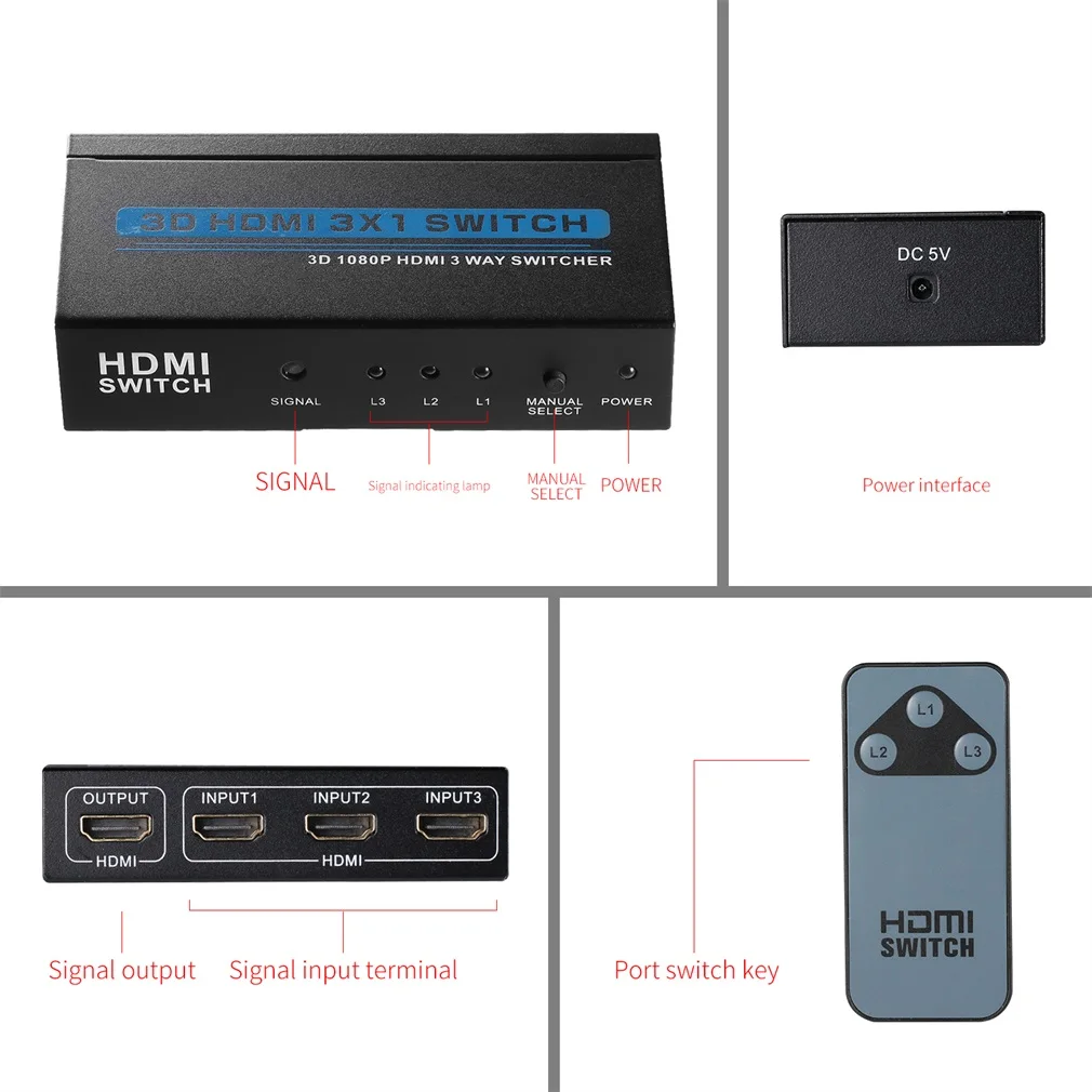 Цифровой 3/5 Порты и разъёмы HDMI переключатель с пультом дистанционного управления ИК Беспроводной пультом дистанционного управления и AC Мощность адаптер HDCP 1,3 отвечающих требованиям глубокий Цвет до 12-разрядный UK/штепсельная вилка европейского стандарта