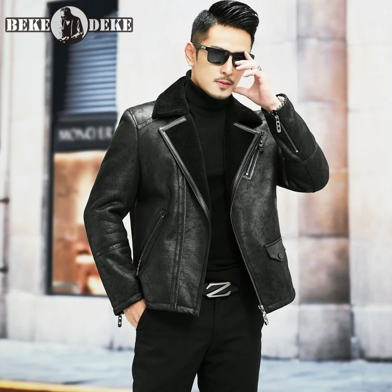 

Мужская облегающая короткая куртка из овечьей шерсти, рабочая куртка в деловом стиле, Байкерская верхняя одежда из натурального меха