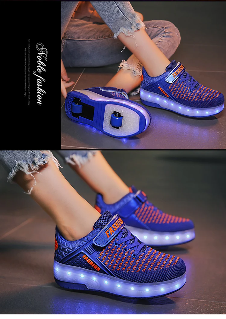 HYFMWZS Модные светодиодный Heelys обувь из дышащего материала, детское платье из двух спортивная обувь Съемная Детские Тонкие Туфли ролики срок производства тиража: 30-40