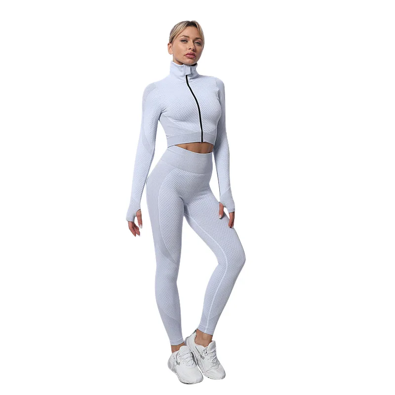 

2Pcs Seamless Women Yoga Sets Female Sport Gym Running Joggers High Waist Leggings and Long Sleeves Zipper Tracksuits Sportswear