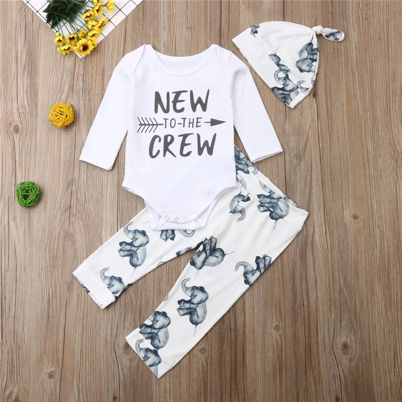 3pcs Newborn Clothes Set White Letter Rompers Baby Girls Bodysuit Outfits Elephant Print Pants Hats Boys Clothing | Детская одежда и