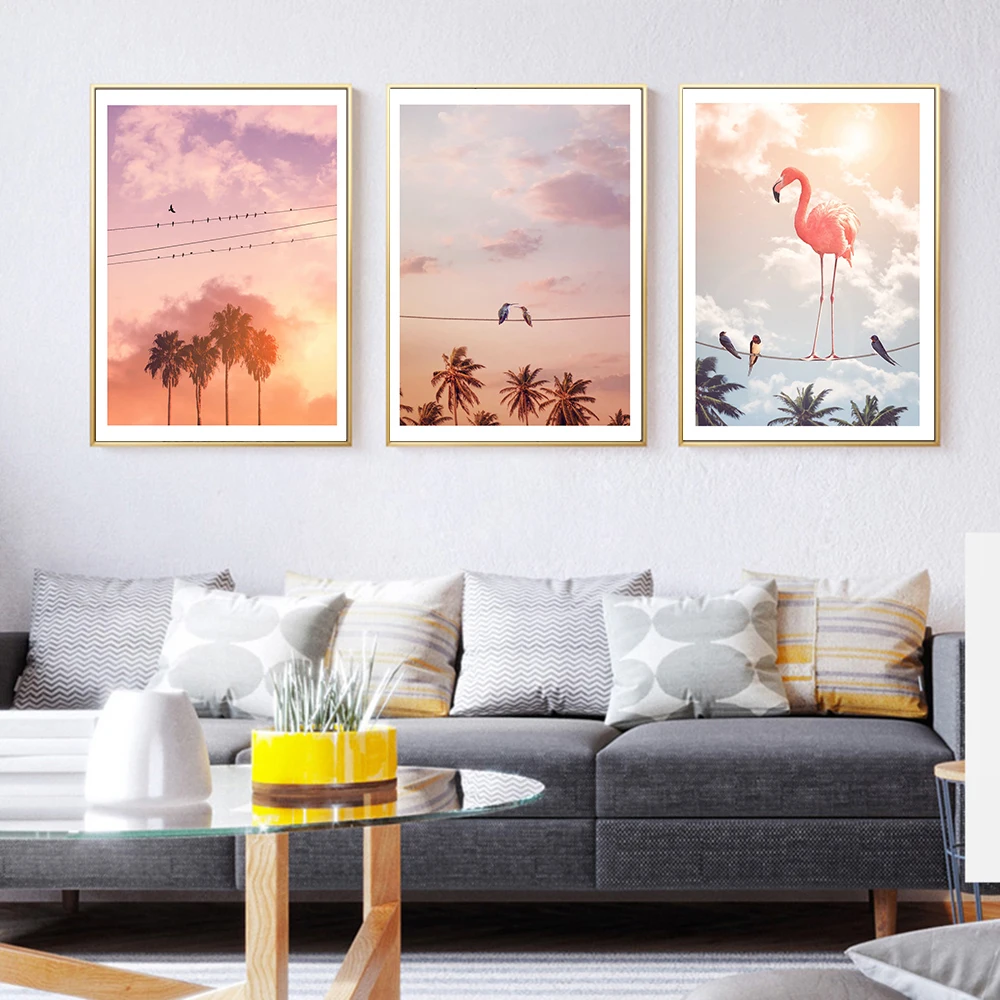 

Animal Wall Art Canvas Painting Hummingbirds Flamingo & Friends Posters and Prints Sunset Pictures for Living Room Home Decor