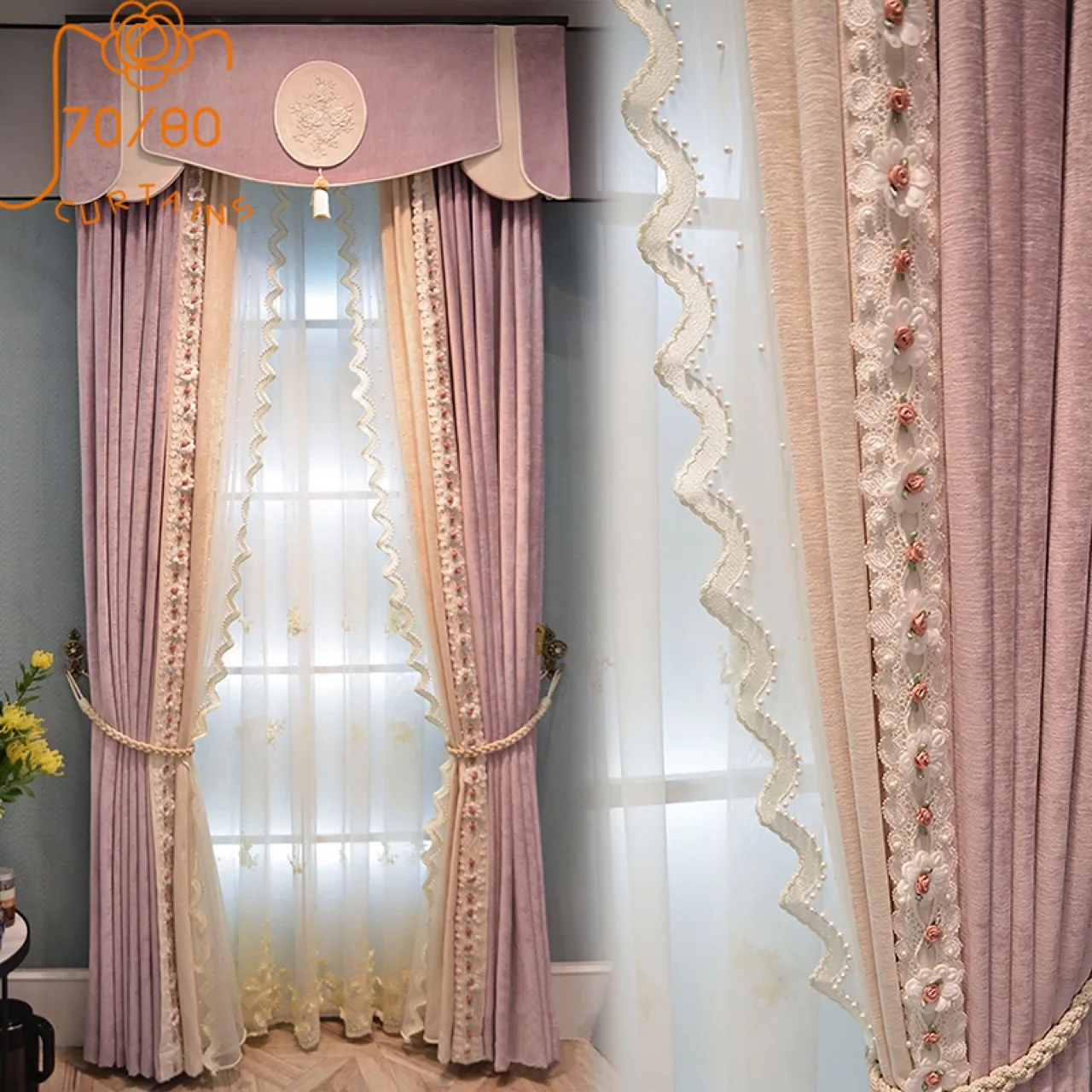 Princess Style High-end European-style Chenille Lace Stitching Blackout Curtains for Living Room and Bedroom Customized Products