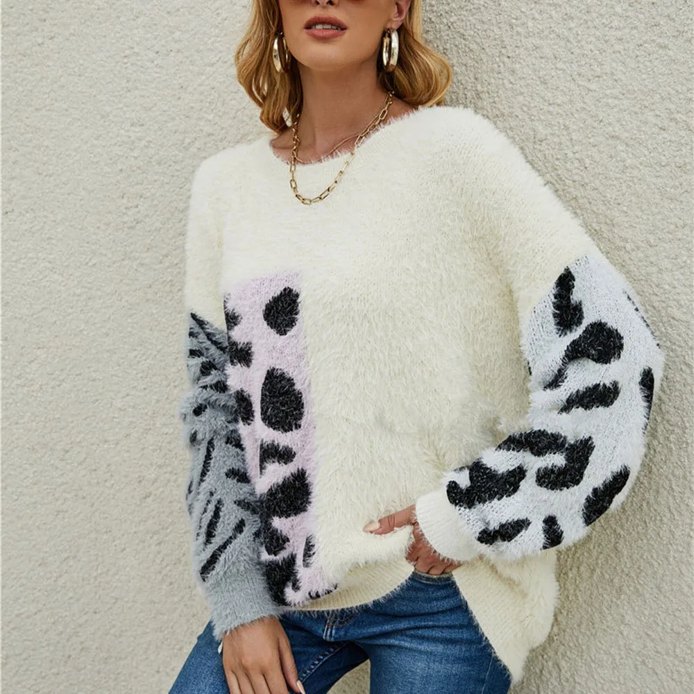 

Women's Autumn Sweater Pullover Commuter Fashion Style Pure Color Slim Long Sleeve Round Neck Leopard Print Warm Knitted Top