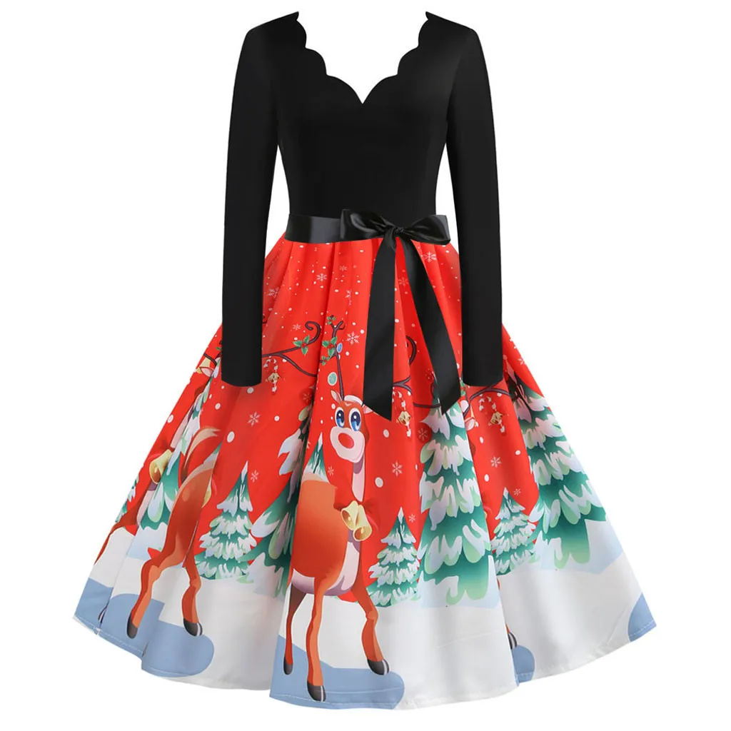 Женское винтажное вечернее платье с длинным рукавом Рождественский принт