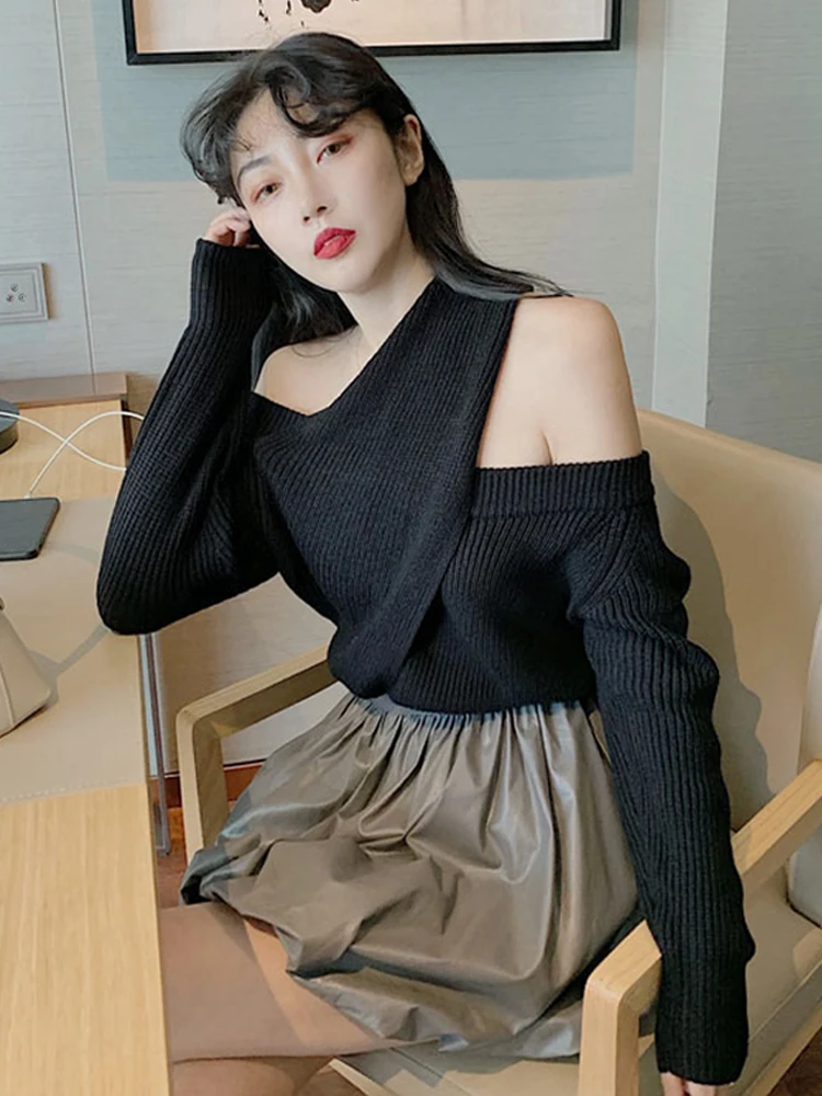 

Solid Causal Autumn and Winter Irregular Off Shoulder Slim Cross Slash Neck Strapless Sweater Women