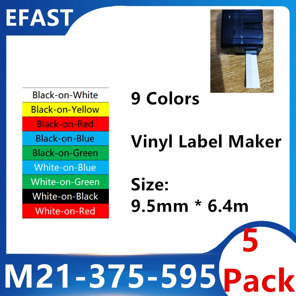 

5Pack 9 colors M21 375 595 Vinyl Label Ribbon Black On White Compatible For BMP21 PLUS Printer M21-375-595 9.5mm *6.4m