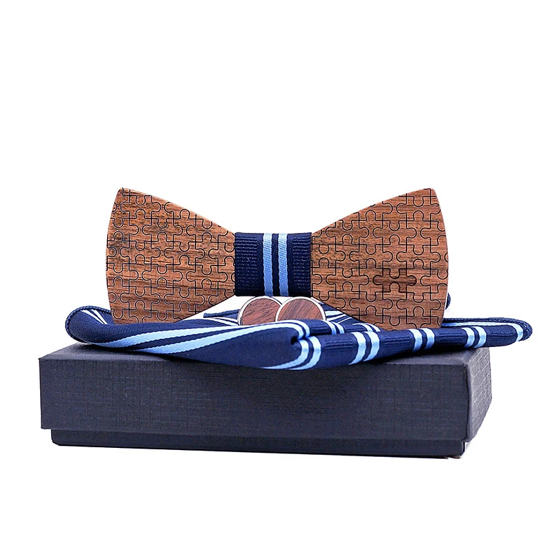 

Linbaiway Mens Shirt Wooden Bow Tie Hanky Cufflinks Set for Wedding Casual Wood Bowtie Handkercheif Gravata Cravat with Box