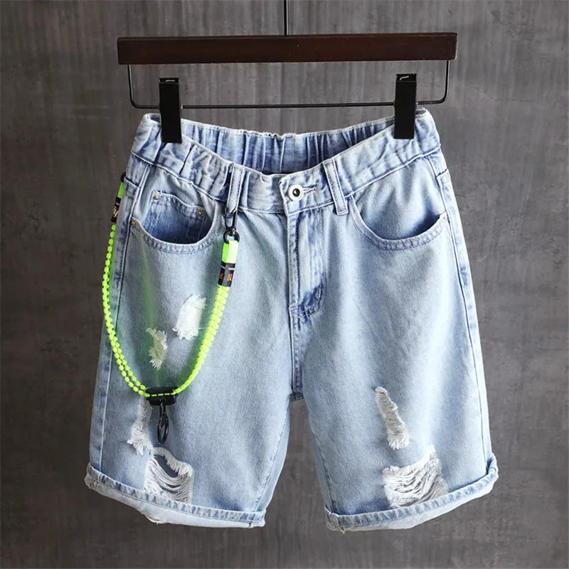 

ERENEJIAN мужские уничтожен в стиле «хип-хоп» короткие джинсы для женщин Привет улица рваные джинсовые шорты с дырками мытого синего цвета разм...