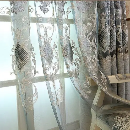 

European Embroidery Gray Hollow Out Curtains for Living Dining Room Bedroom