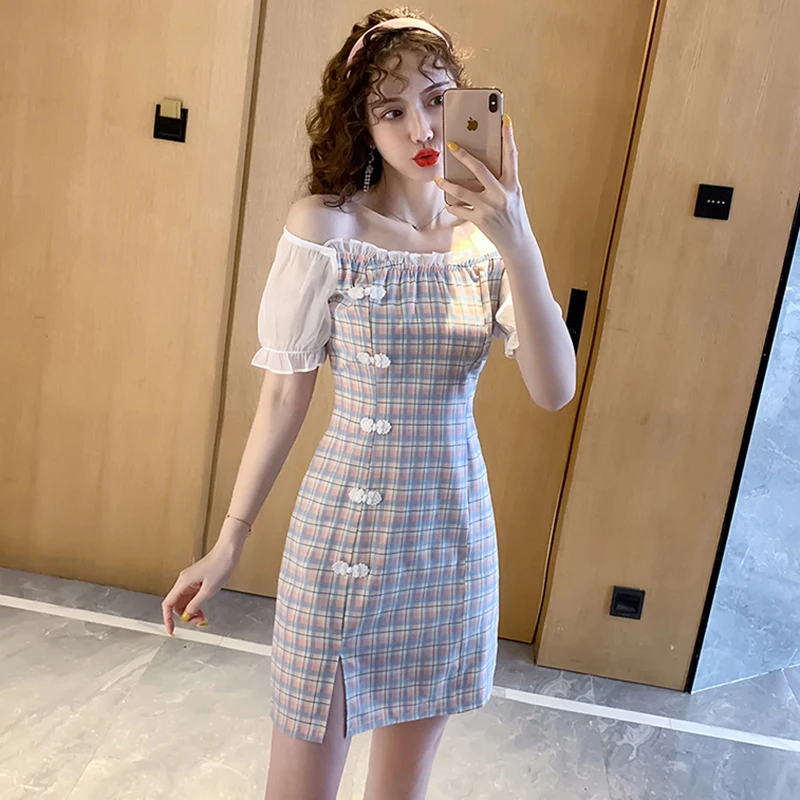 

Vintage Off Shoulder Short Sleeve Sexy Club Dress 2022 Bodycon Elegant Party Vestidos Summer Women Plaid Casual Beach Mini Dress