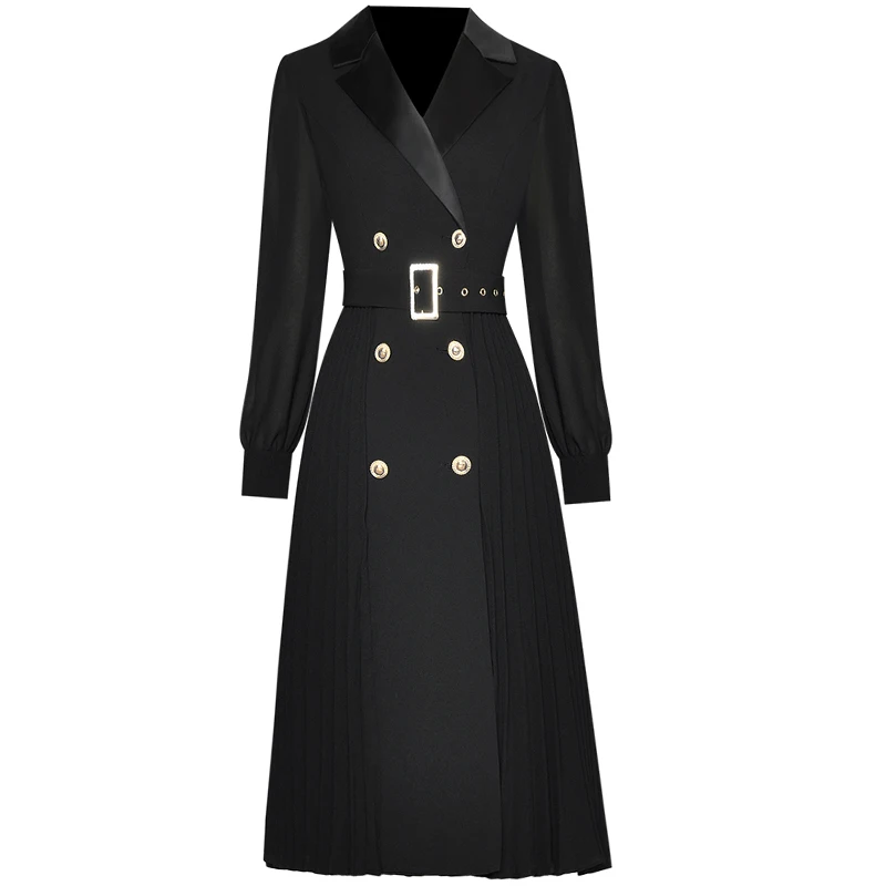 

Designer New Spring Autumn High Quality Women Lapel Long Sleeve Pleated Patchwork Elegant Fashion Party Casual Office Midi Dress