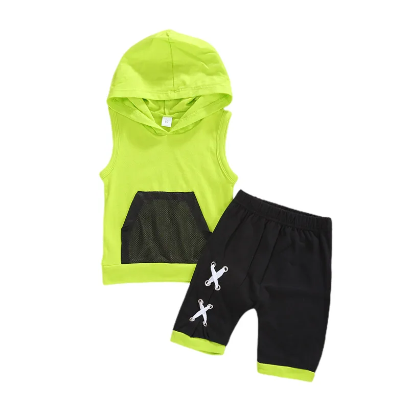 1-5Y Summer Kids Boy Tracksuits Fashion Sleeveless Hooded Tops Black Shorts 2Pcs Child Clothes Sets Active Wear Outfits |
