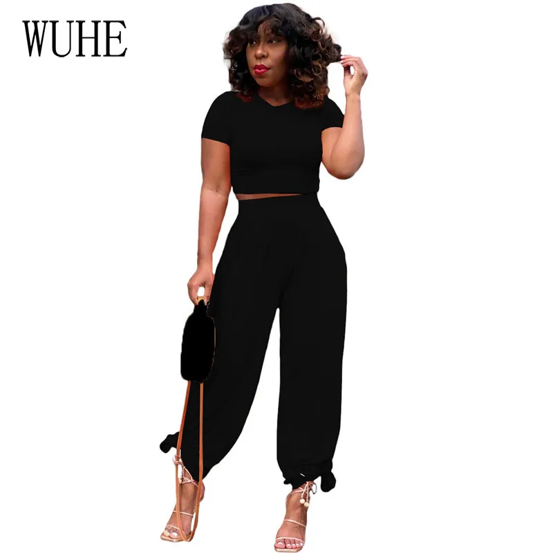 

WUHE Summer Tracksuits Outfits O Neck Short Sleeve Crop Top Loose Wide Leg Pants Sports Fitness Casual Streetwear Two Piece Suit