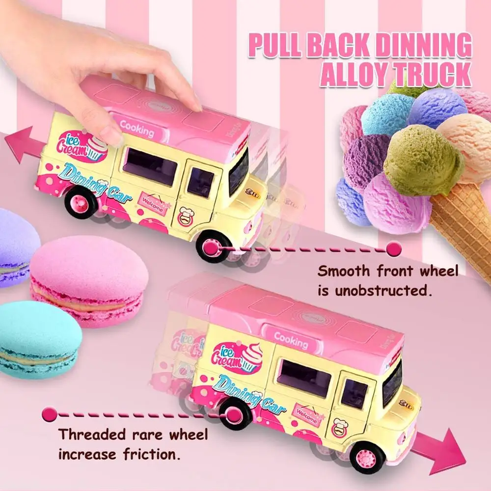 Pull Back Car Food Truck Vehicle Toy Car with Music, Light, Openable Doors, Awning, Ice Cream Toy Cart - Alloy Toy Trucks image 5