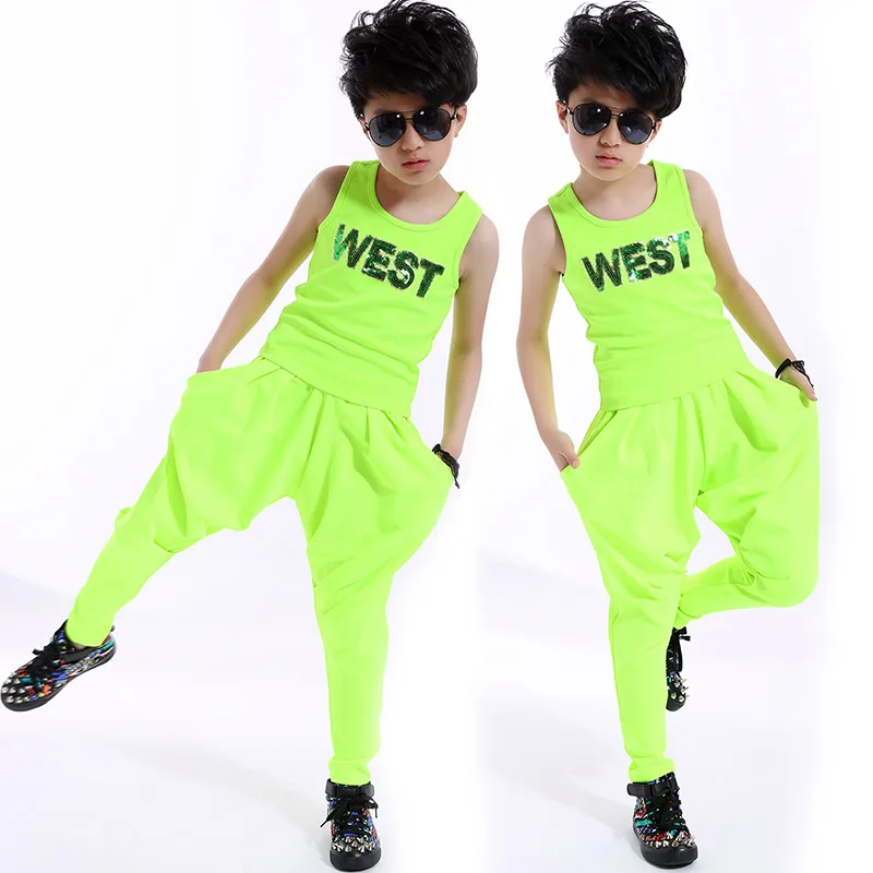 Костюм для танцев в стиле хип-хоп флуоресцентный зеленый жилет шаровары одежда