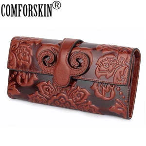 Женский кошелек COMFORSKIN, удлиненный кошелек из натуральной кожи с тиснением, с цветочным узором
