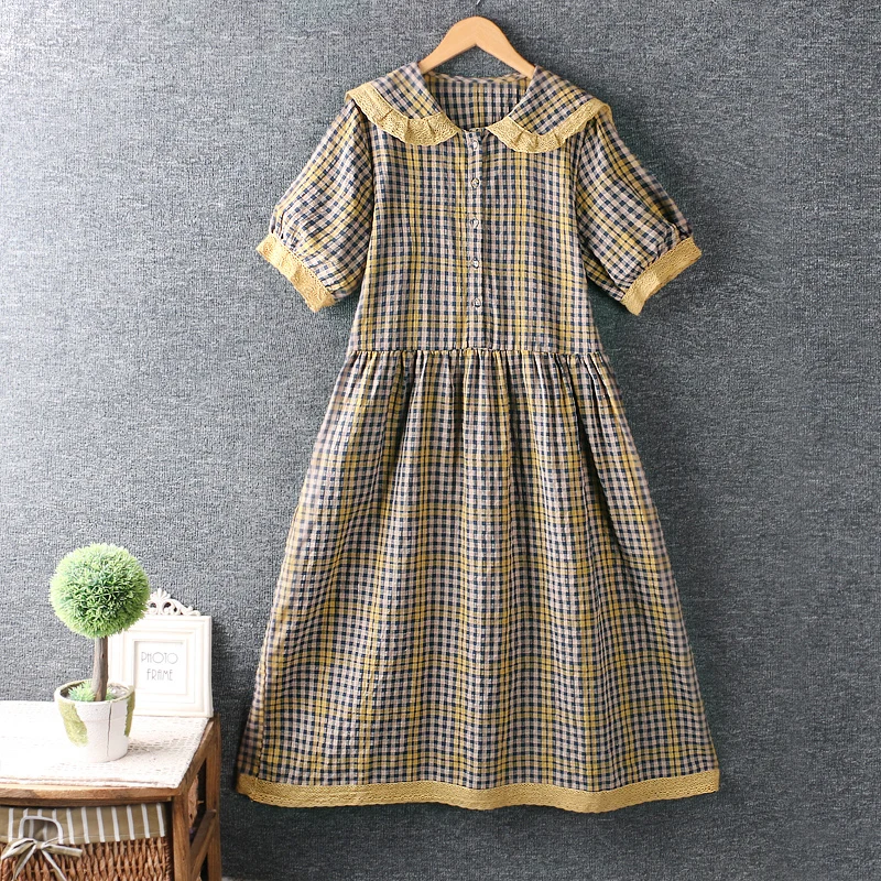 Женское платье в клетку из хлопка и льна японском стиле девушки Мори с отложным