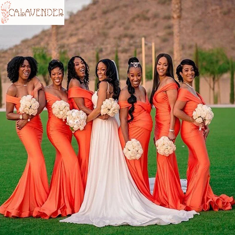 

Jersey Burnt Orange Bridesmaid Dresses Off-shoulder Mermaid Wedding Guest Dress Zipper Up Back vestidos de fiesta
