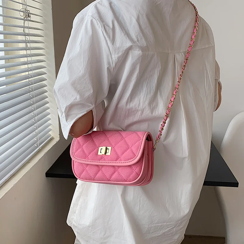

High Quality Ladies Rhombic Chain Shoulder Bag 2021 New Fashion Single Shoulder Messenger Female Bag Pure Color Mobile Phone Bag