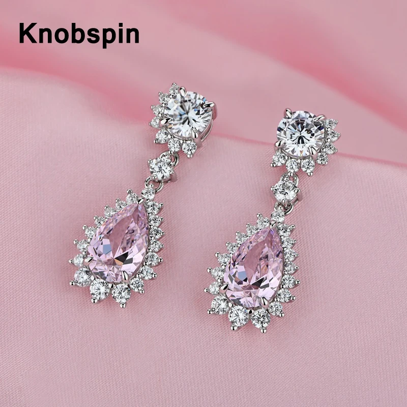 

Knobspin 100% 925 Sterling Silver Fashion Romantic Wedding Pink Drop Shape High Carbon Diamond Charm for Women Earrings Jewelry