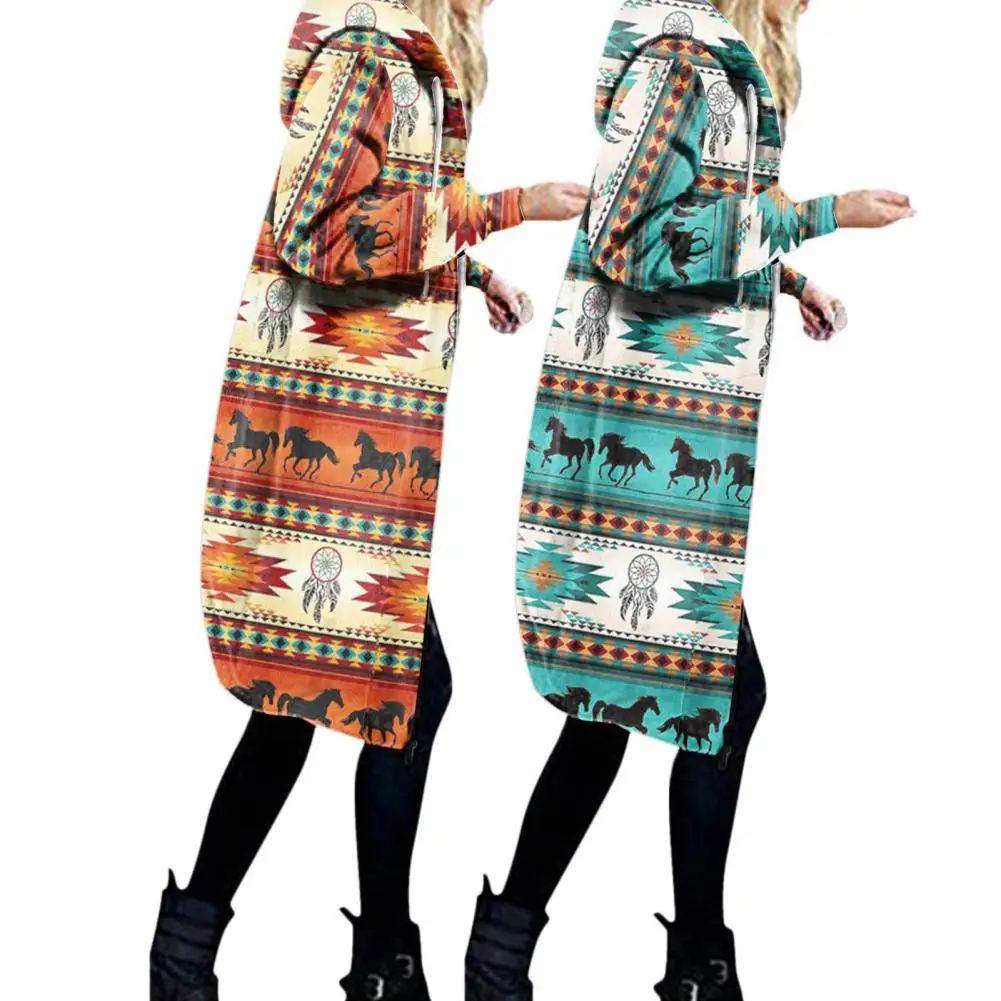 

Elegant Women Jacket Print Long Women Hoodie Windproof Women Hooded Coat