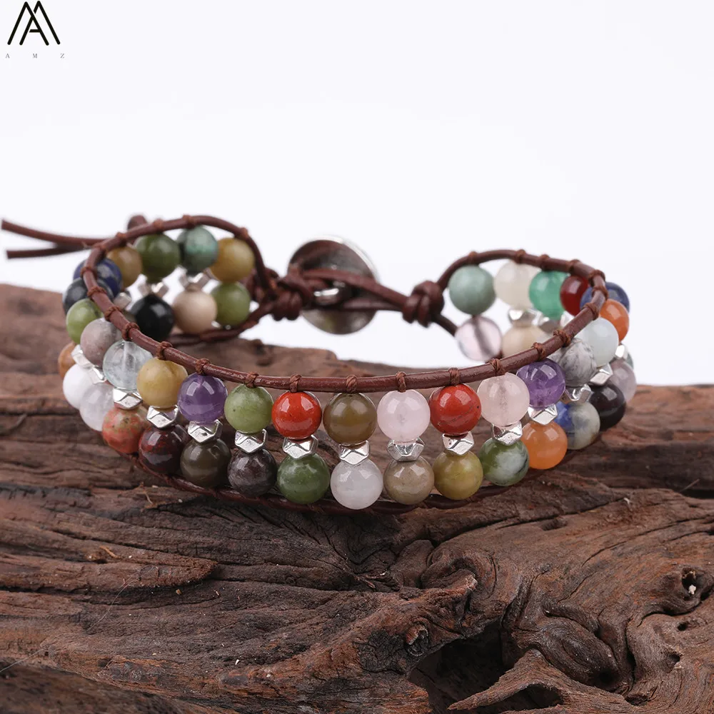 Boho натуральные камни бисер серебряного цвета кожаный браслет 6 мм круглые