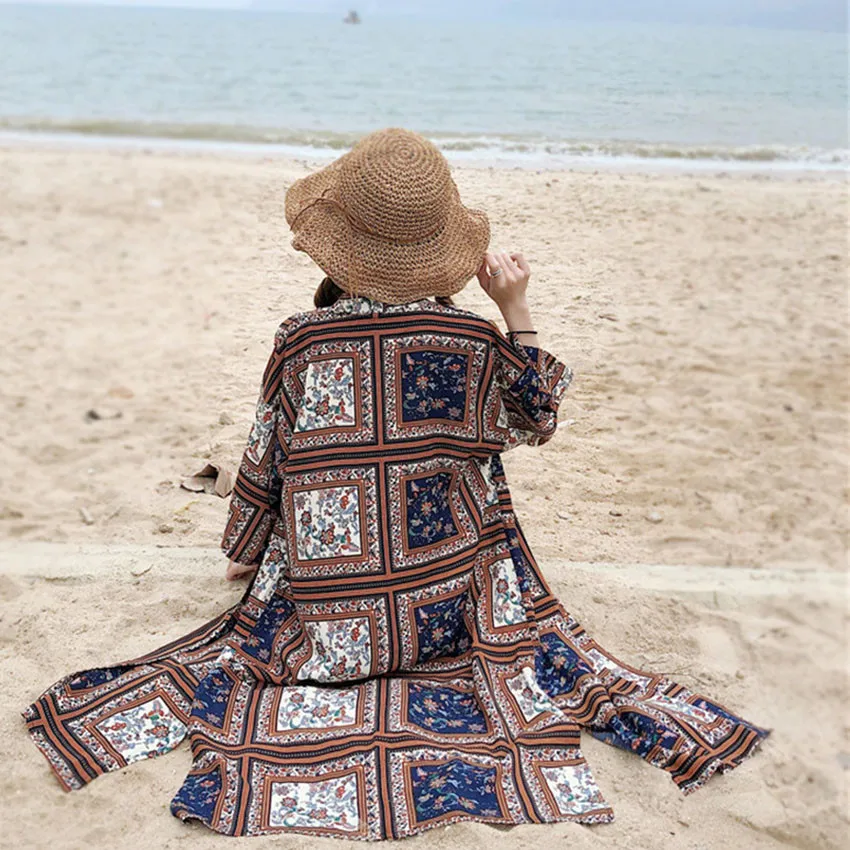 Летний пляжный кардиган Kimonos Mujer для влюбленных Винтажный Длинный в стиле бохо