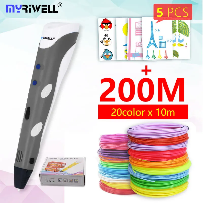 Myriwell, 3D Ручка, 3d ручка, RP-100A, pla, 1,75 мм, abs нить, 3d печать, ручка, 3 d ручка, инструмент для рисования, для детей, подарок на день рождения - Цвет: Gray and abs200