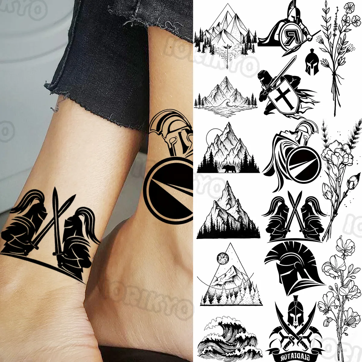 

Black Samurai Shield Small Temporary Tattoos For Women Men hite Flower Mountain Tree Sea Wave Fake Tattoo Sticker Leg Tatoos Arm