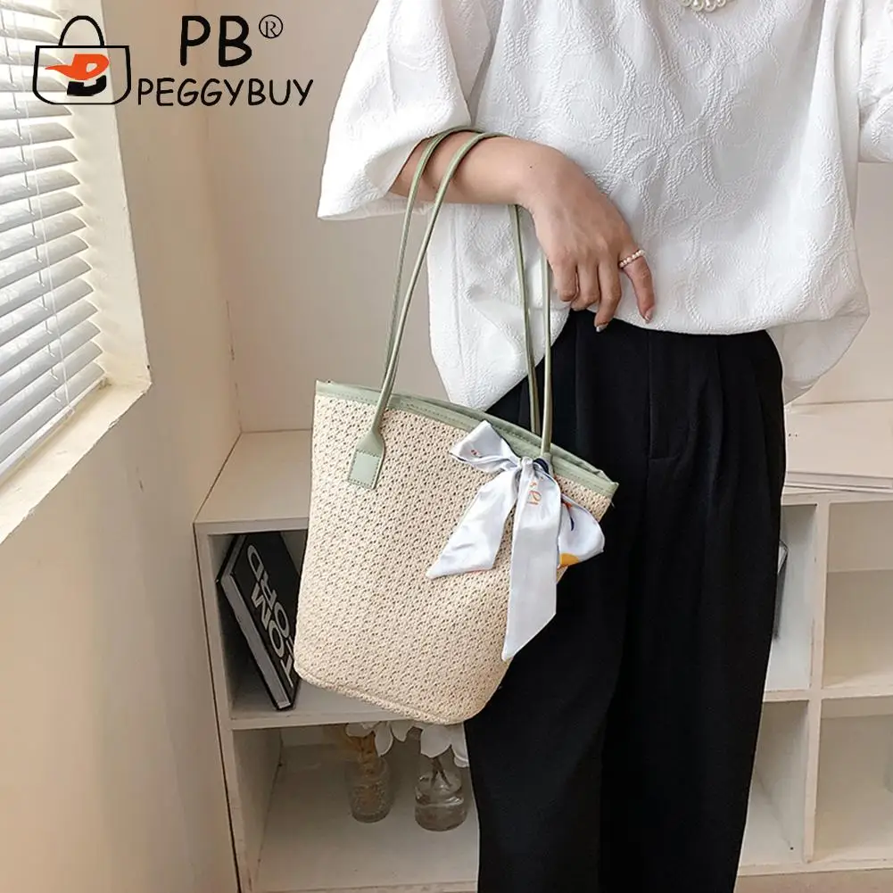 

2021 Vintage Women Summer Silk Scarf Woven Small Bucket Tote Shoulder Shopping Bag Shoulder Bags Casual Handbags