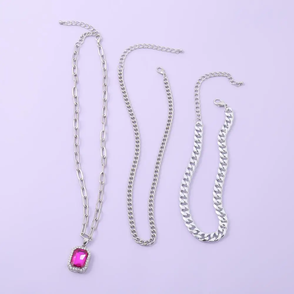 

IngeSight.Z 3Pcs/Set Multi Layered Chunky Thick Curb Cuban Choker Necklace Vintage Rhinestones Square Pendant Necklaces Jewelry