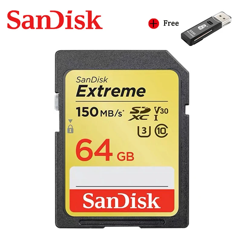 

Двойной Флеш-накопитель SanDisk карты памяти SD Extreme SDHC/SDXC SD карты в формате 4K UHD, 64 ГБ C10 U3 V30 высокое Скорость 150 МБ/с. флеш-карта для Камера SDSDXV6